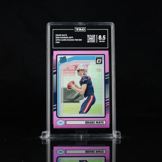 2024 Panini Donruss - Rated Rookie Drake Maye #379 Optic Preview Pink Prizm (RC) TAG 8.5