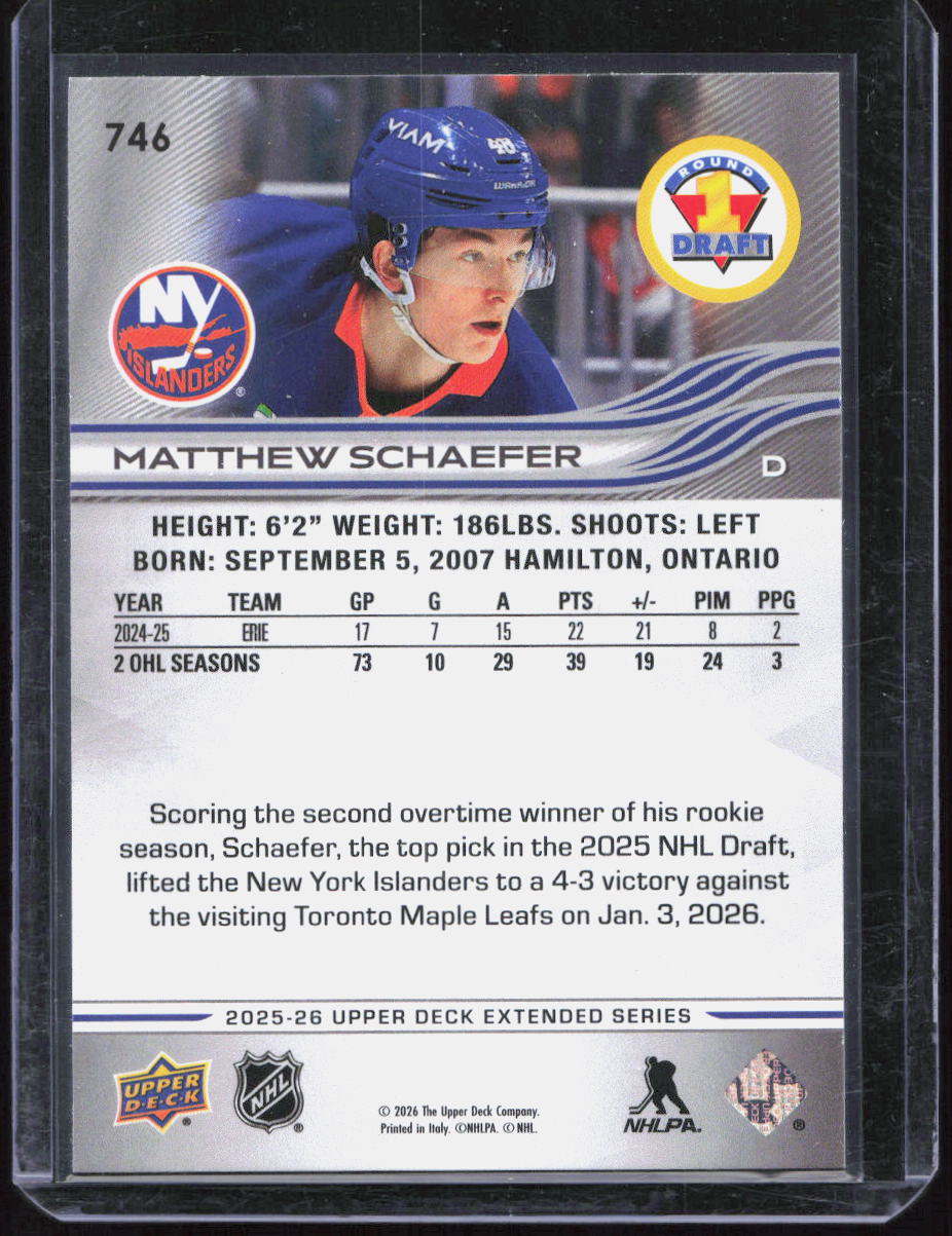 2025-26 UPPER DECK EXTENDED MATTHEW SCHAEFER ROOKIE RC 1ST ROUND DRAFT