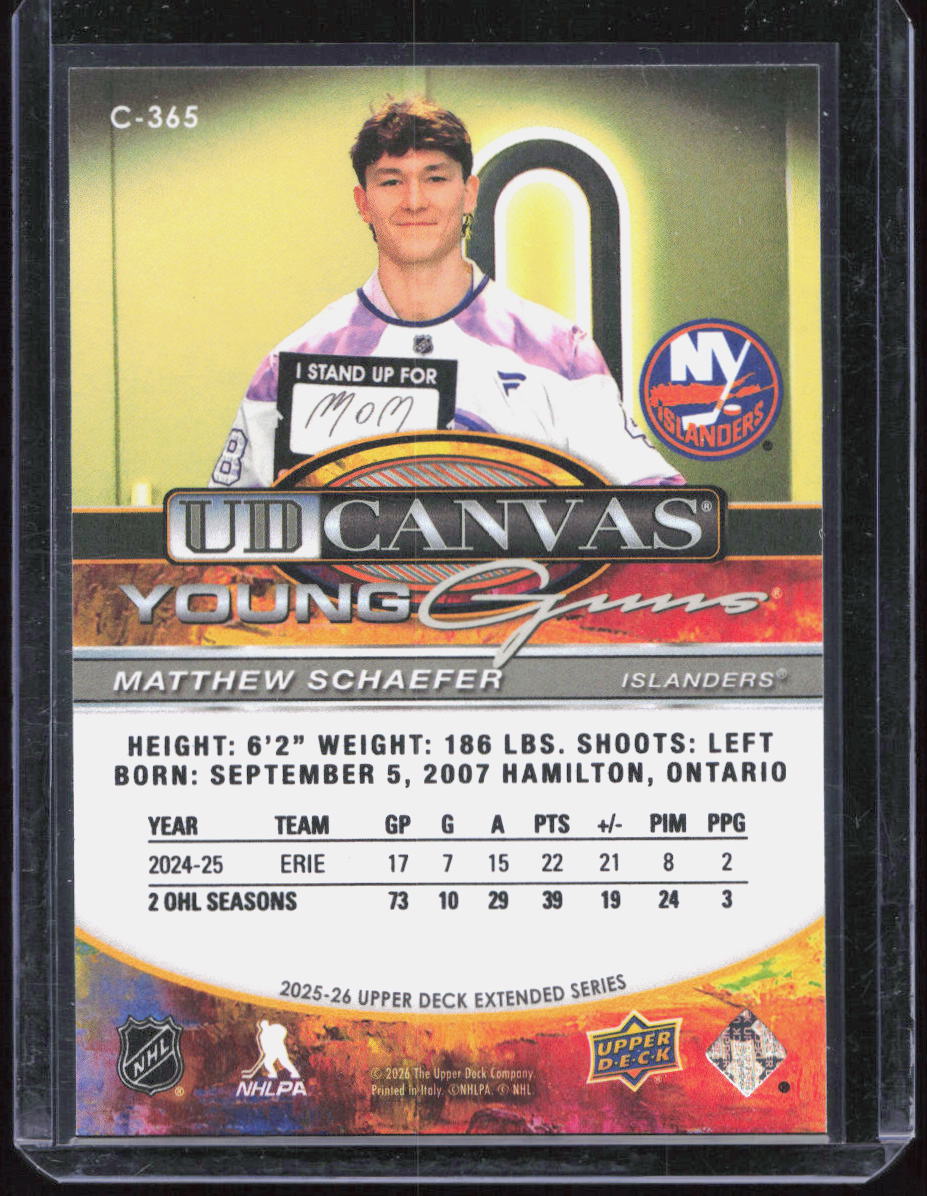 2025-26 Upper Deck Extended Canvas Young Guns C-365 Matthew Schaefer NY Islander