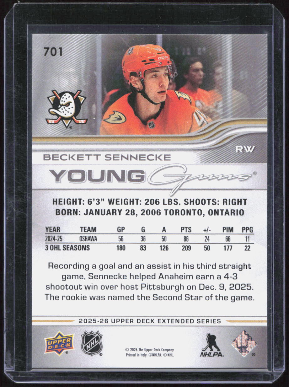 2025-26 Upper Deck Extended Series #701 Beckett Sennecke Young Guns Rookie RC
