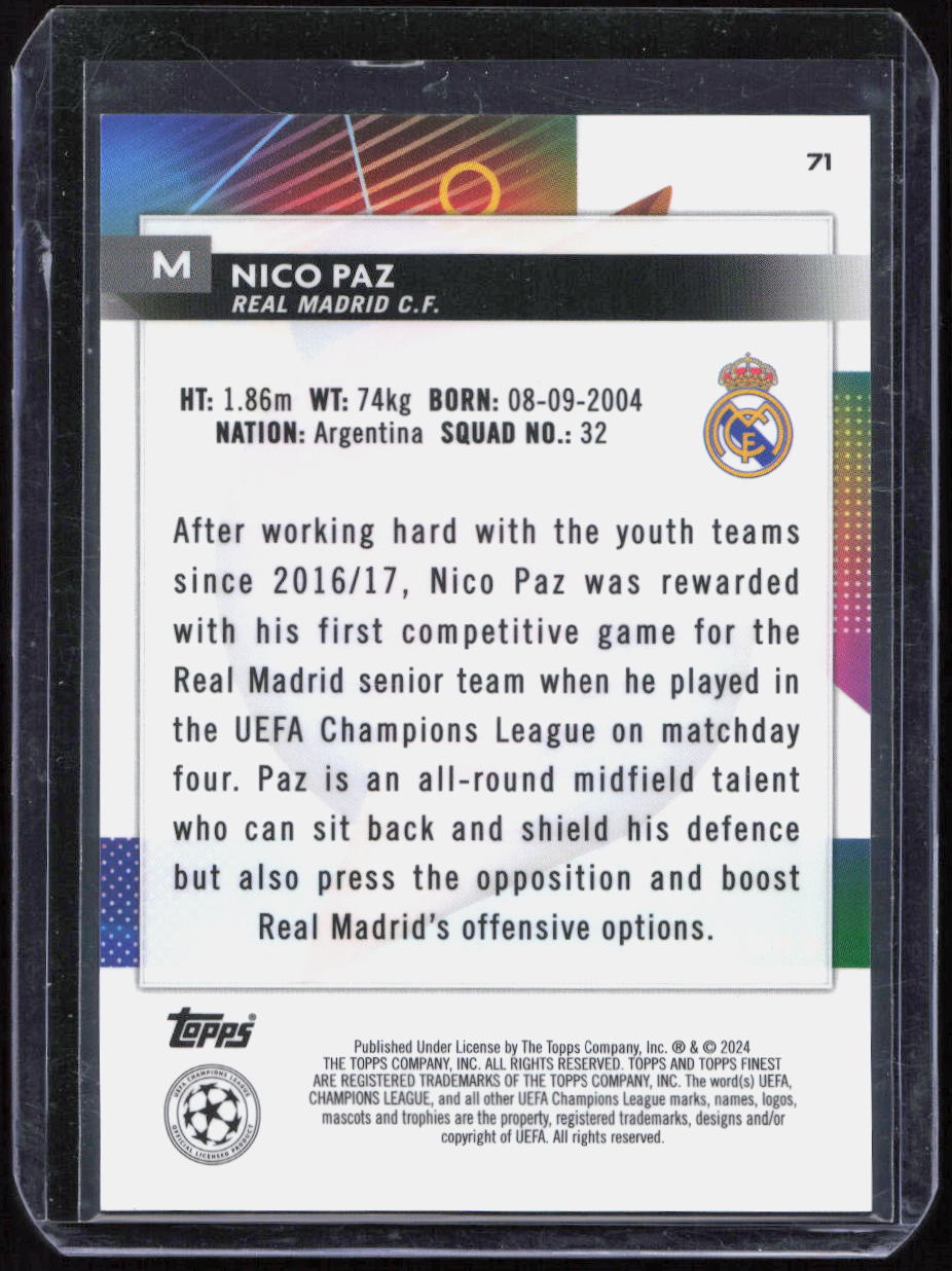2023-24 Topps Finest UEFA Club Competitions Nico Paz RC #71 Rose Gold /50