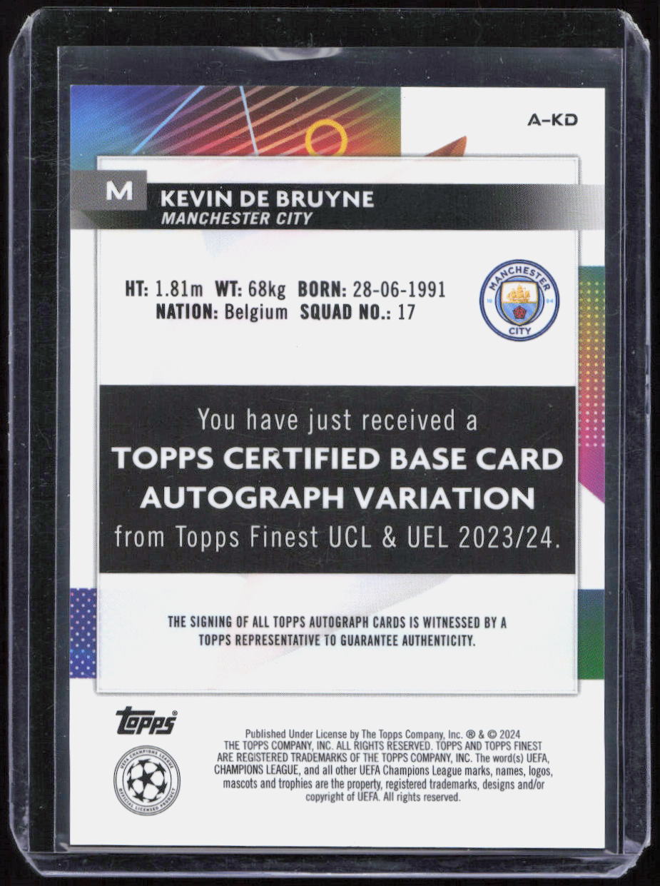2024 Topps Finest KEVIN DE BRUYNE Blue Refractor Autograph Auto Man City /150