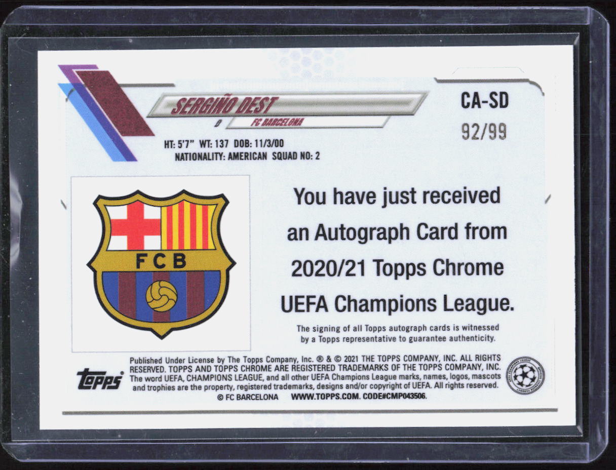 2020-21 Topps Chrome UCL Sergino Dest Neon Green Refractor Auto /99 #CA-SD USMNT