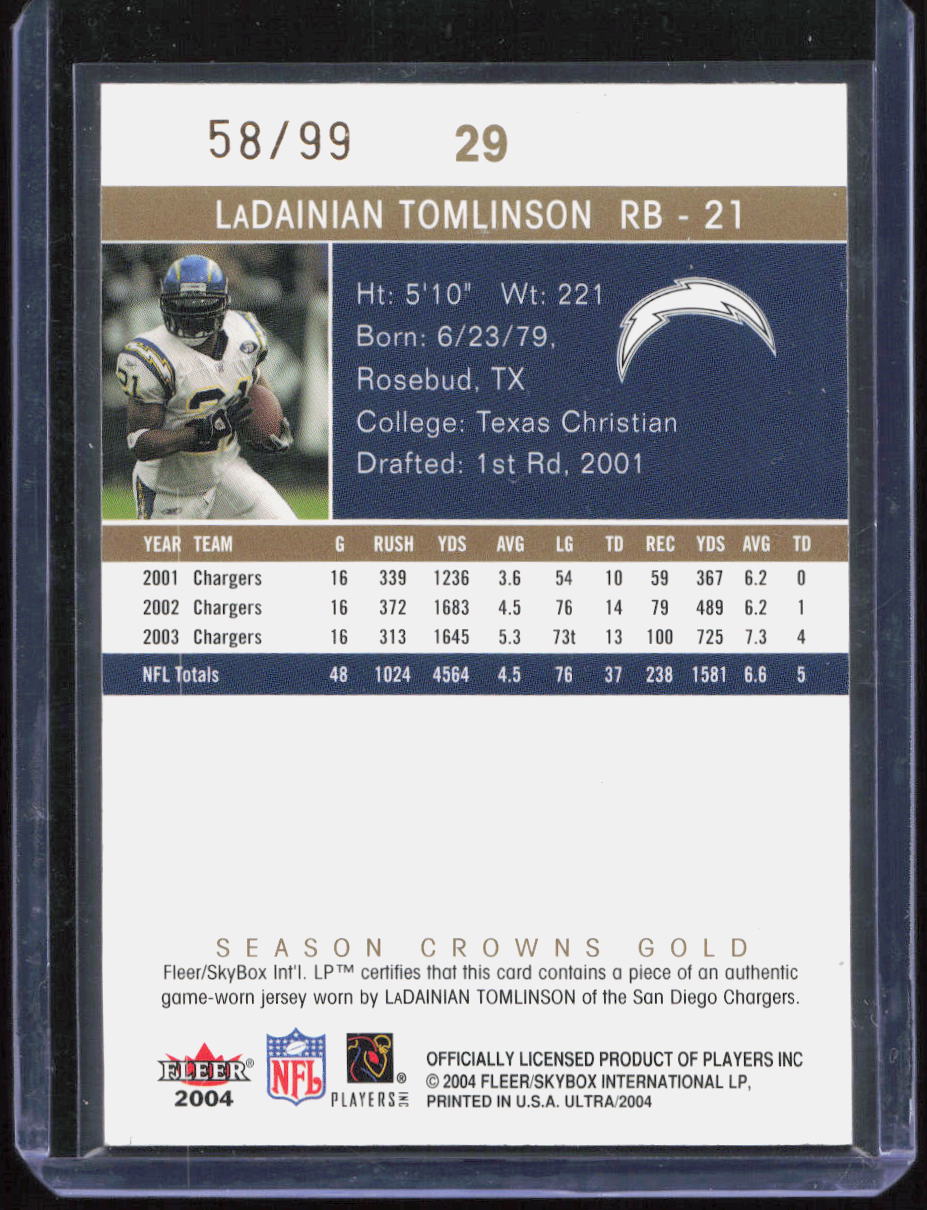 2004 Ultra LaDainian Tomlinson Season Crowns Gold Game Used Jersey /99 Chargers