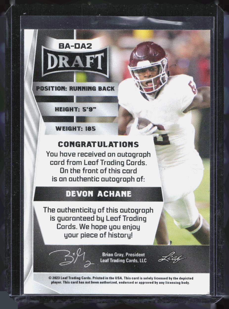 2023 Leaf Draft Devon Achane Auto White RC Rookie #BA-DA2