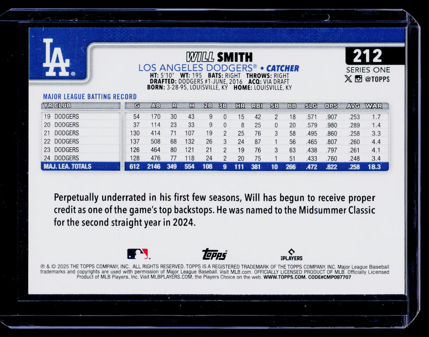 2025 Topps Series 1- Will Smith 212- Team Logo Border- Los Angeles Dodgers