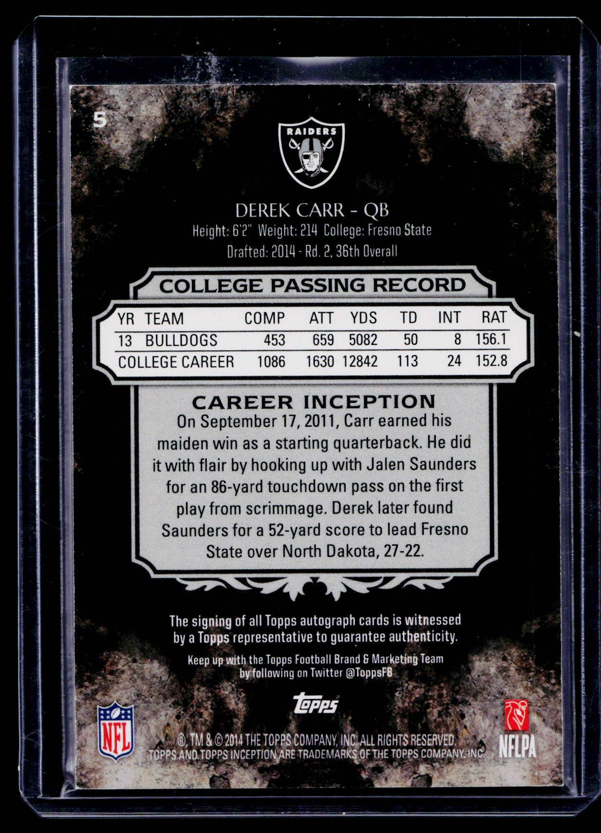2014 Topps Inception Derek Carr Rookie Auto /99