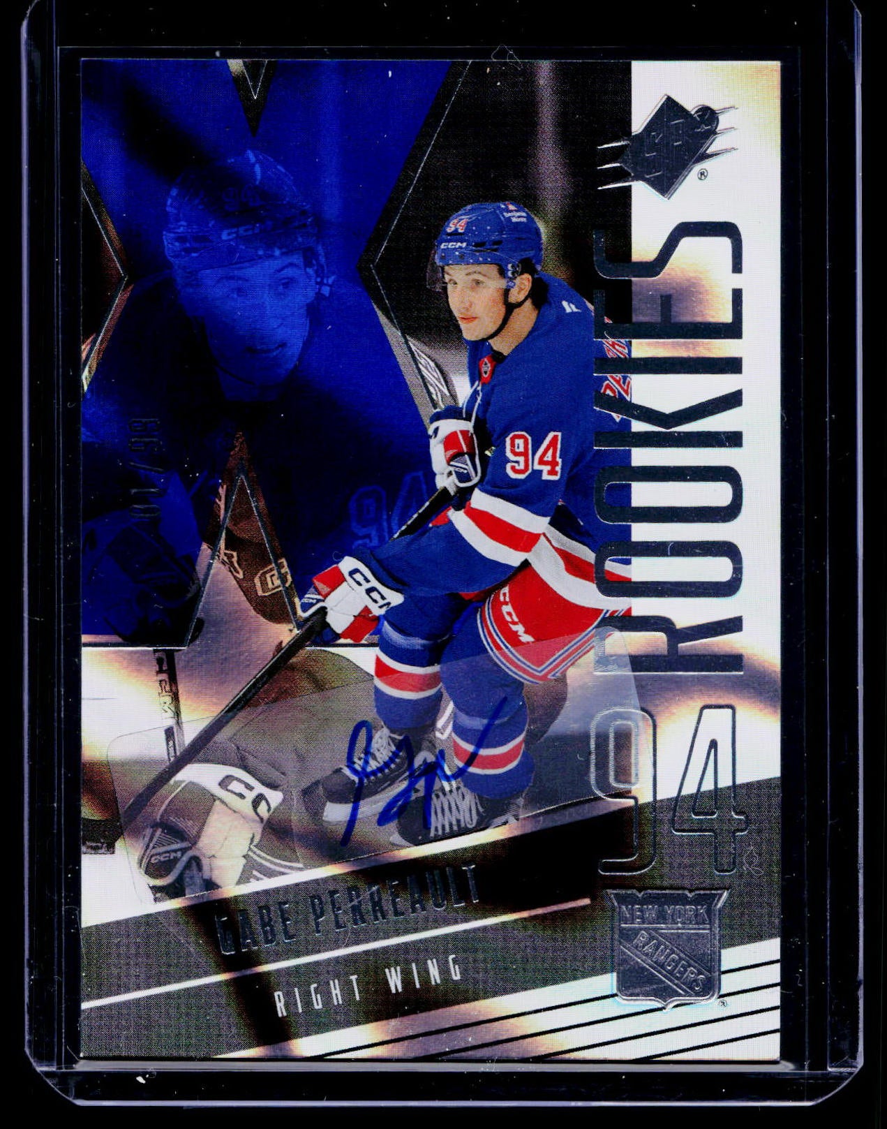 2025-26 Upper Deck SPx Rookies Blue Auto Gabe Perreault #'d 01/99