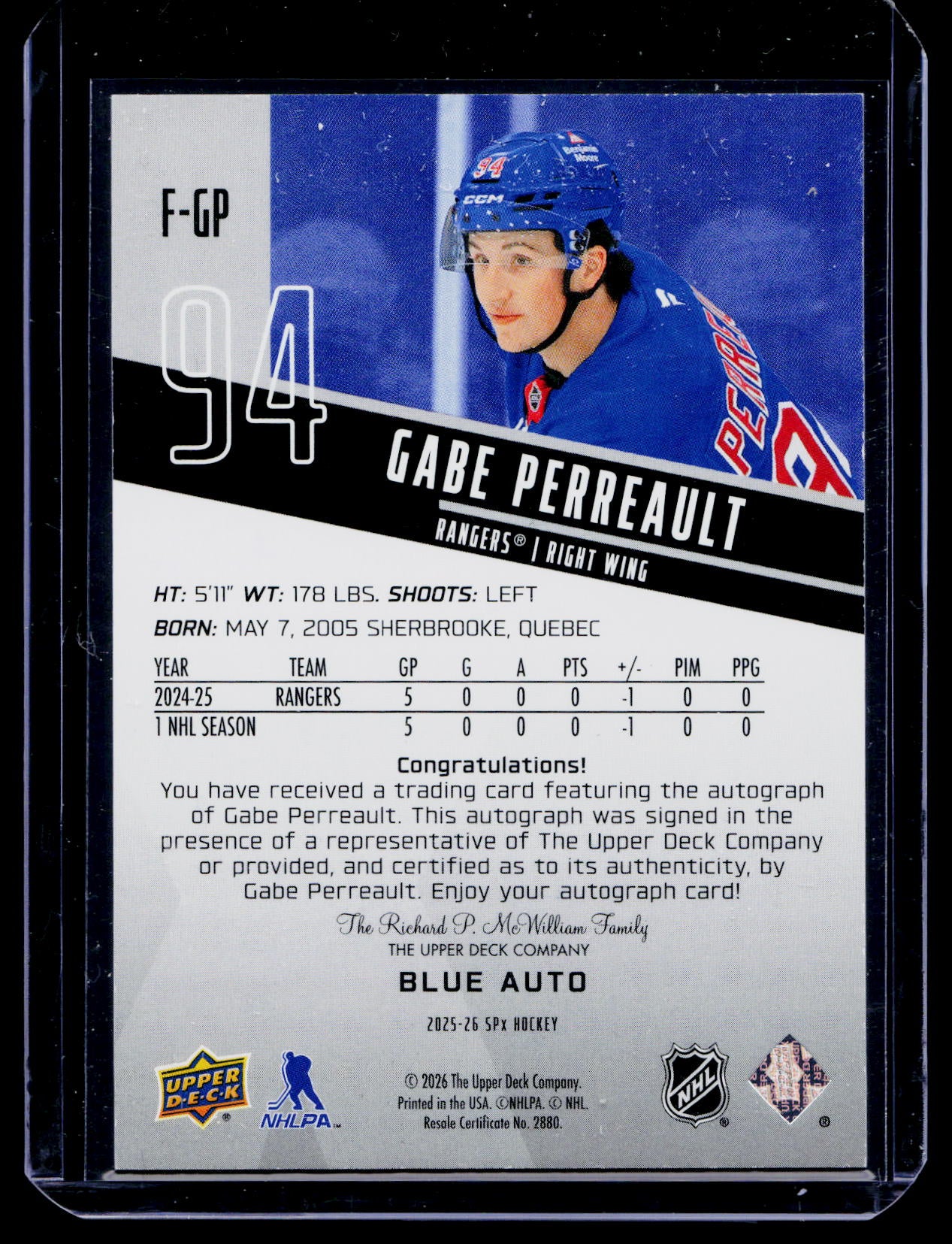 2025-26 Upper Deck SPx Rookies Blue Auto Gabe Perreault #'d 01/99