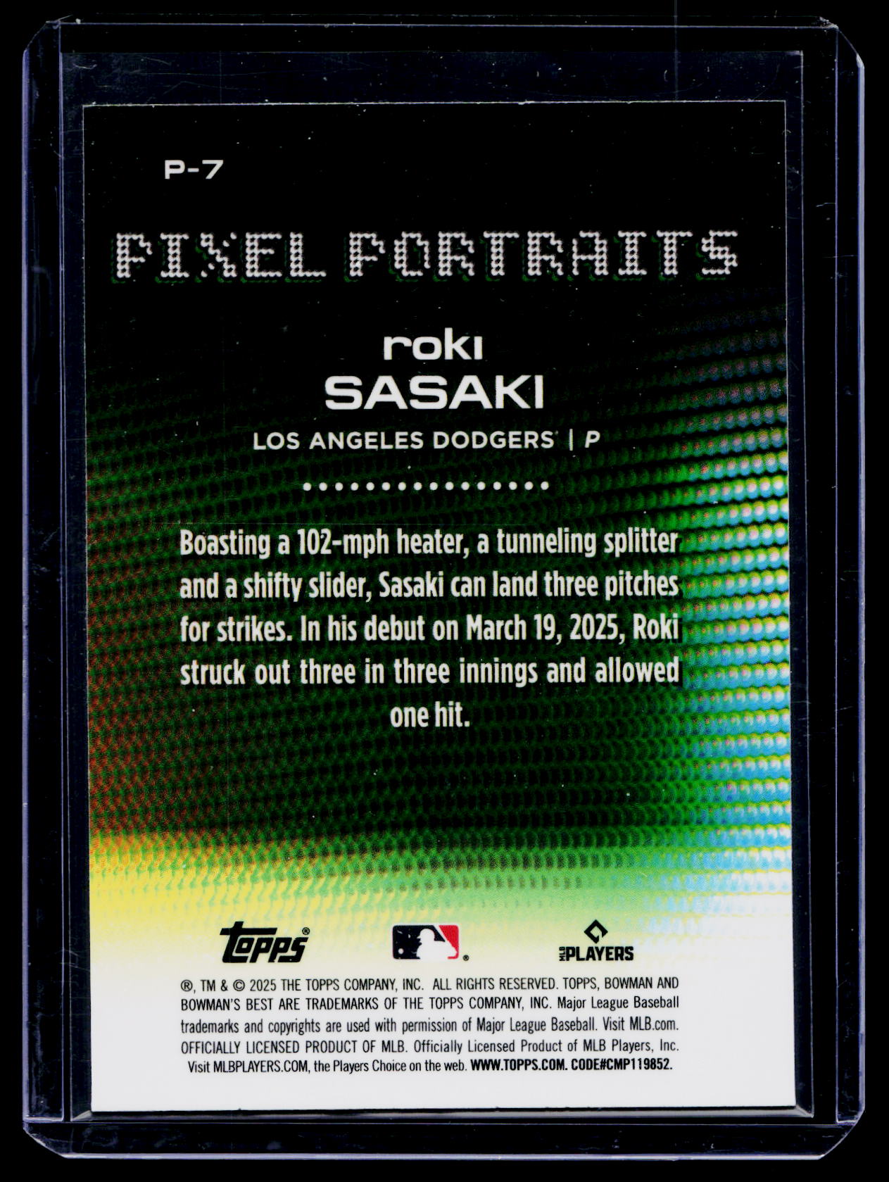 2025 Bowman's Best Roki Sasaki Pixel Portraits RC Rookie #P-7 Dodgers