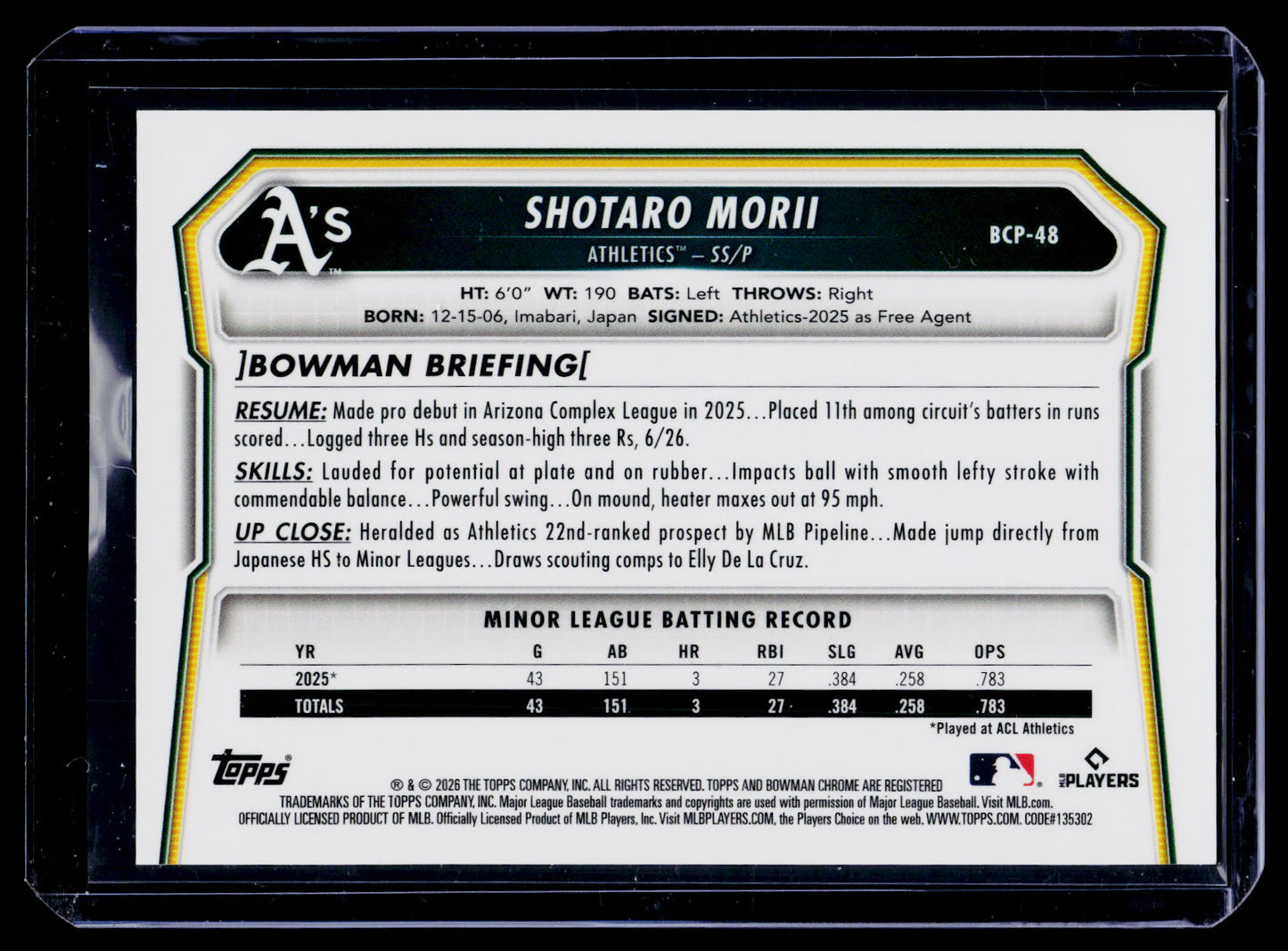 2026 Bowman Chrome - Prospects Shotaro Morii Orange Shimmer Refractor /25 🔥🔥