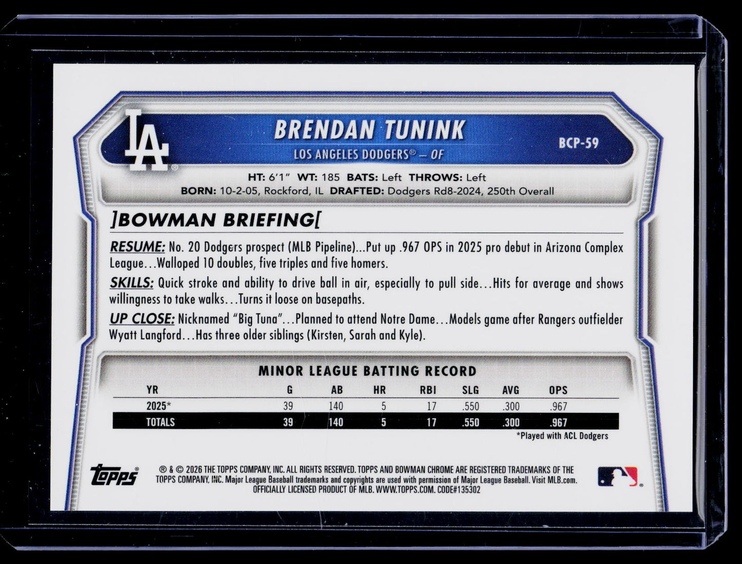 2026 Bowman Brendan Tunink Bowman Retro Logo Foil /35 #BP-59 Dodgers