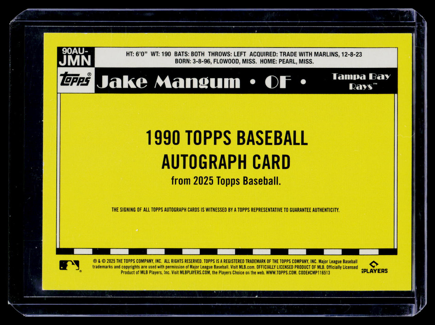 JAKE MANGUM 2025 TOPPS BASEBALL 35TH ANNIVERSARY 1990 GREEN AUTO RC /99 RAYS