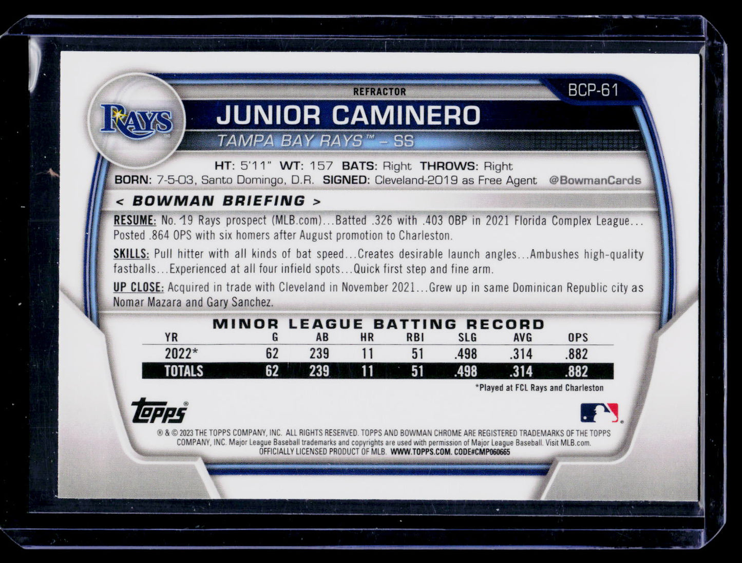 2023 Bowman - Chrome Prospects Junior Caminero #BCP-61 Lunar Glow Refractor