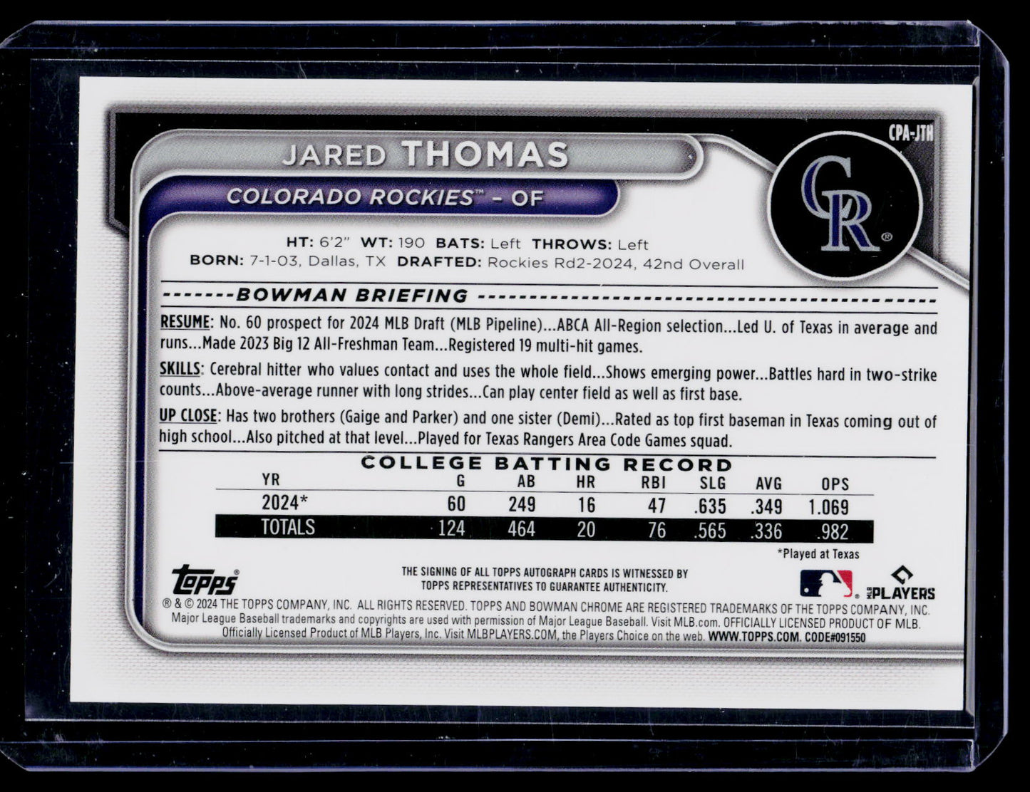 2024 Bowman Draft 1st Chrome Prospect On Card Auto Jared Thomas #CPA-JTH Rockies