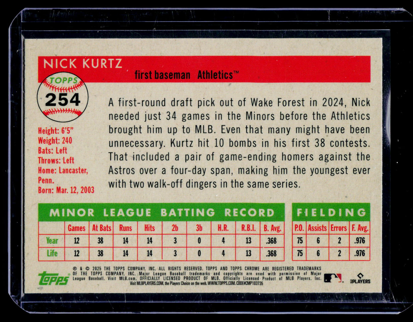 2025 Topps Chrome Platinum Nick Kurtz Green Wave Refractor /99 RC Athletics