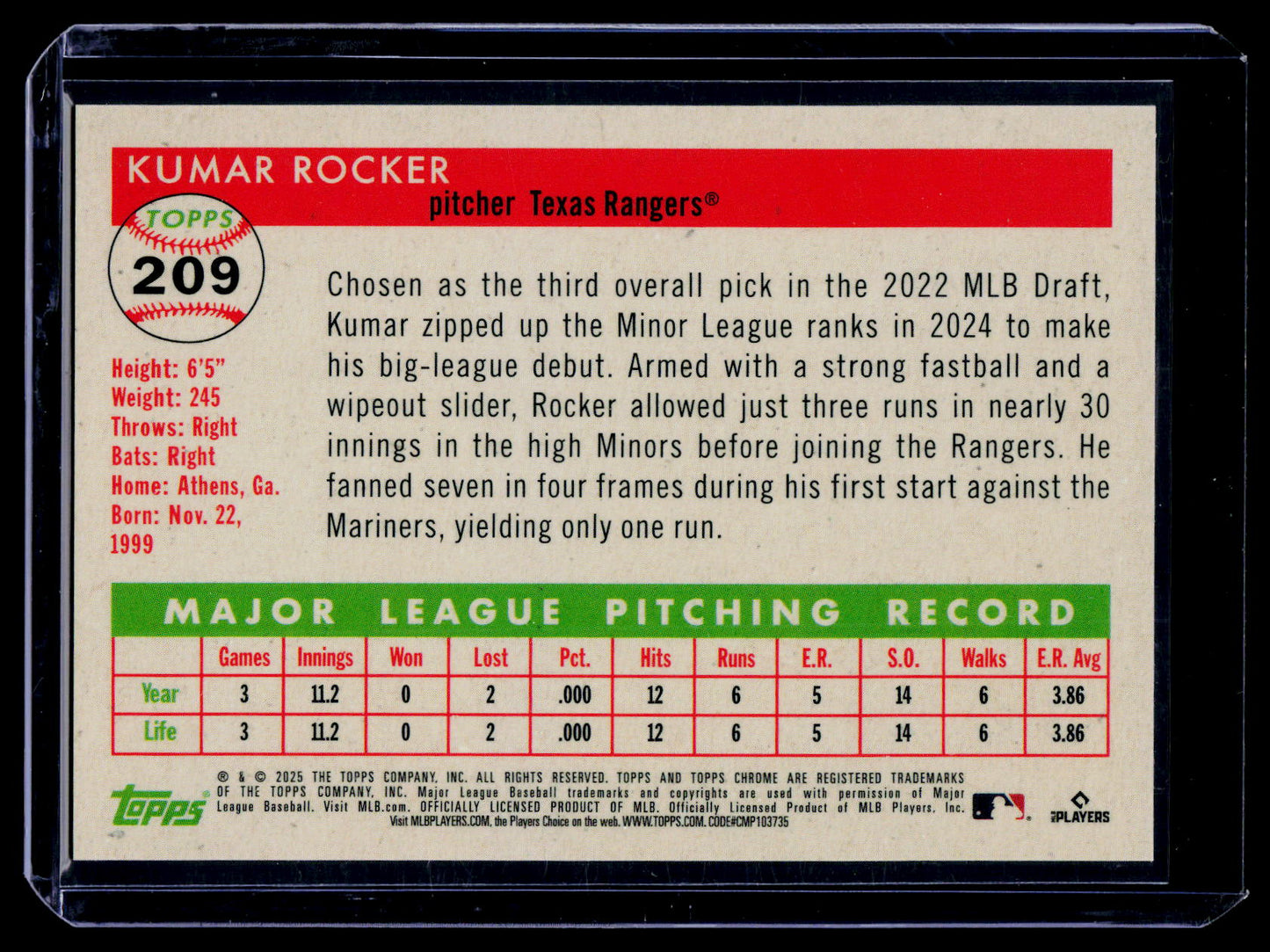 KUMAR ROCKER 2025 TOPPS CHROME PLATINUM ORANGE VIBRATIONS ROOKIE /25 #209