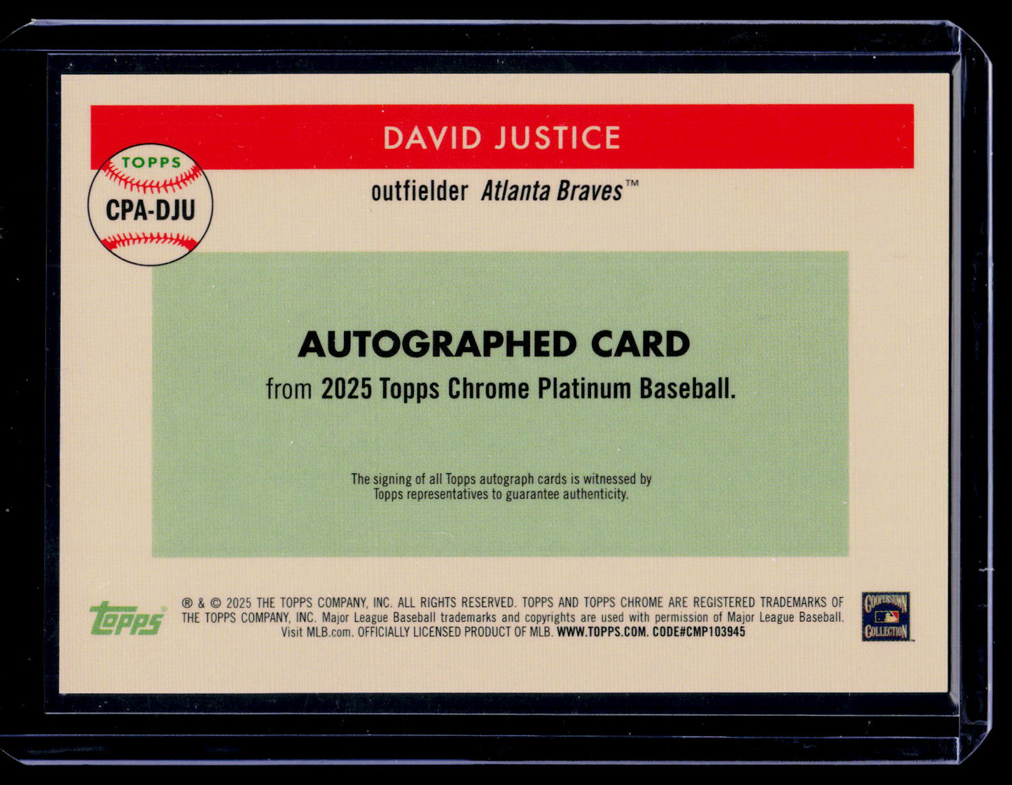 David Justice Auto - 2025 Topps Chrome Platinum #CPA-DJU - Atlanta Braves