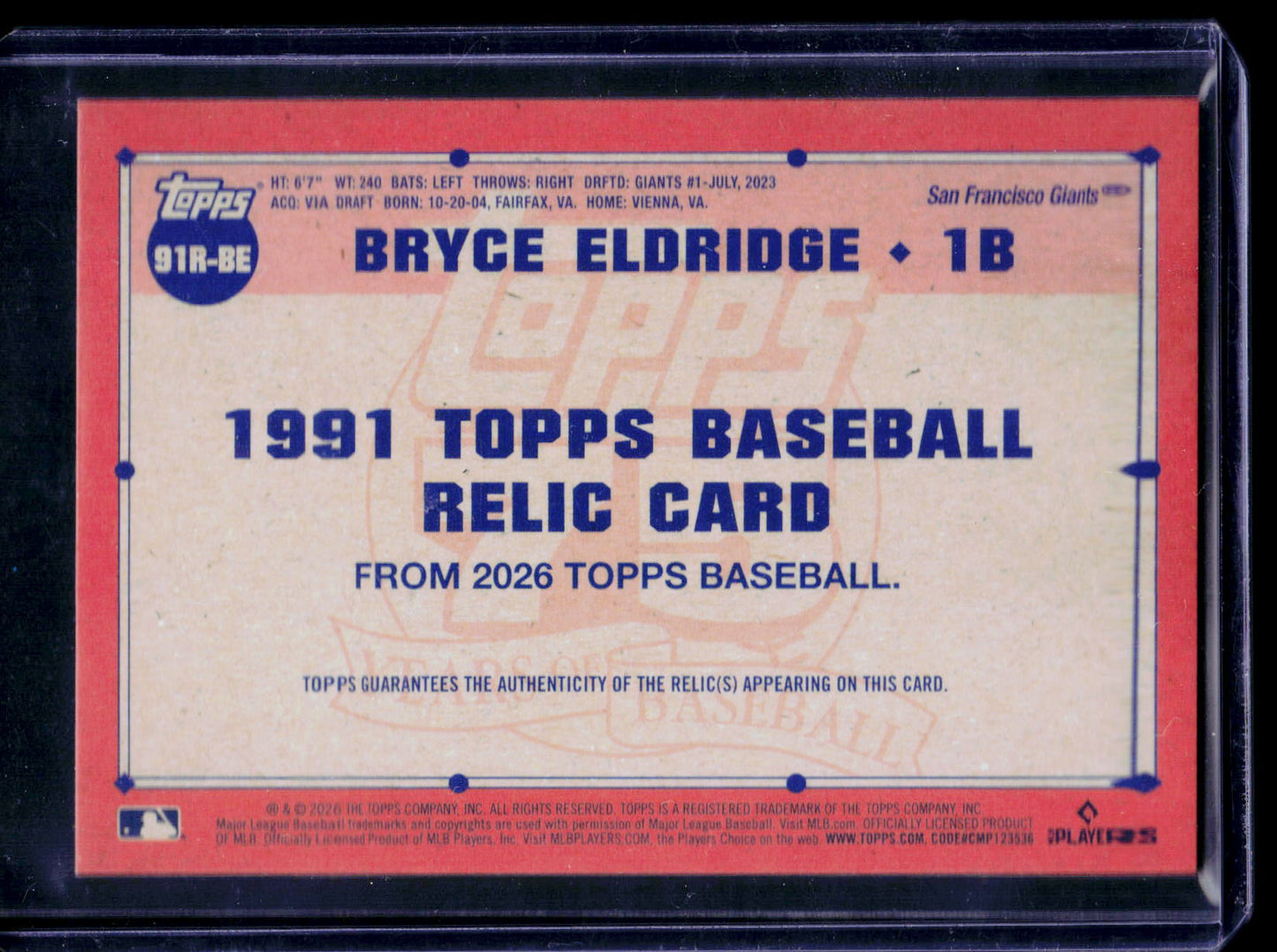 Bryce Eldridge Topps 2026 Series 1 1991 Relics RC #91R-BE