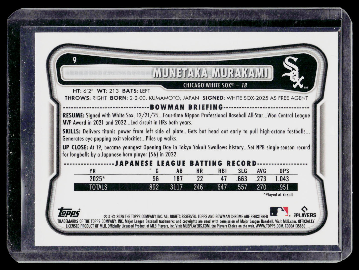 2026 Bowman Munetaka Murakami Chrome Red RC Variation #9 White Sox Rookie