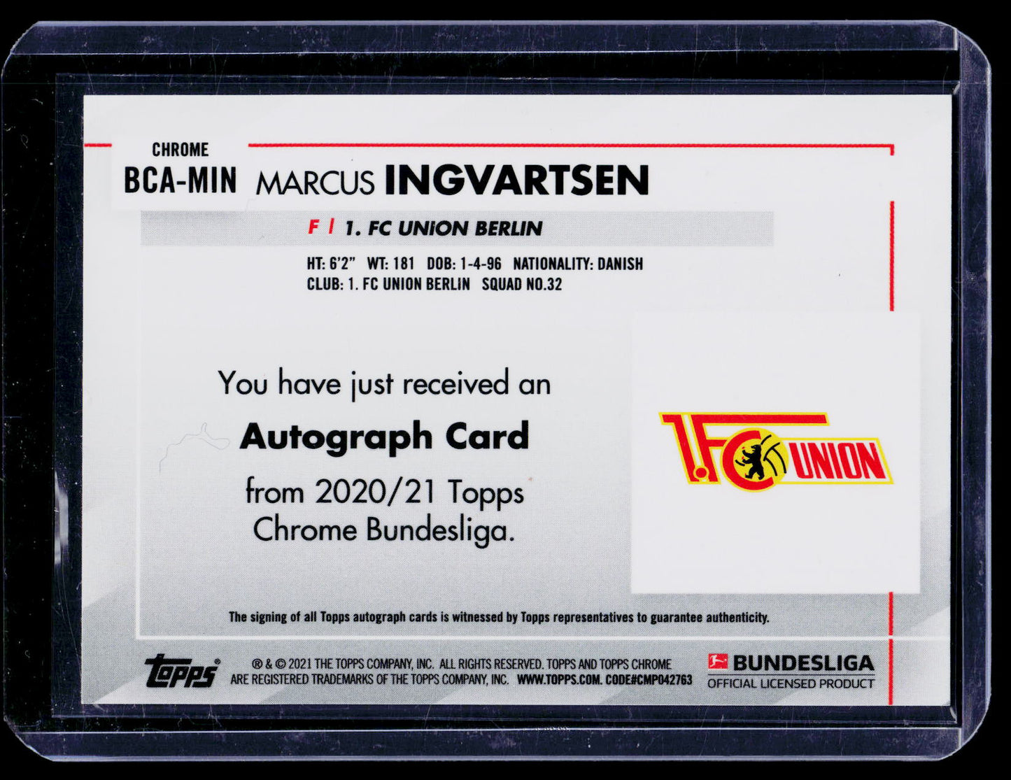 2021 TOPPS CHROME FC UNION BERLIN AUTO MARCUS INGVARTSEN #BCA-MIN