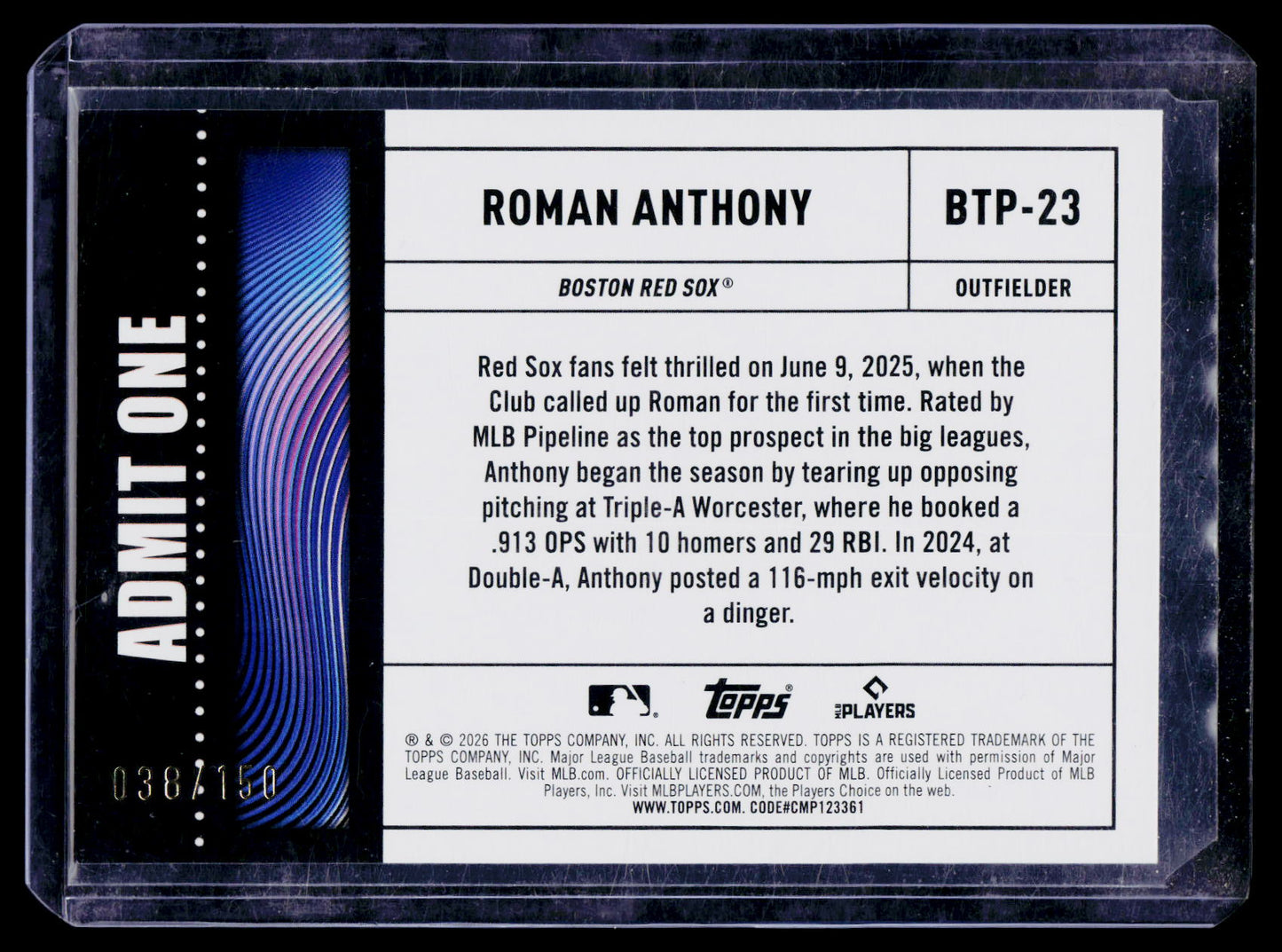 2026 Topps Series 1 Admit One Roman Anthony Blue Foil Rookie /150