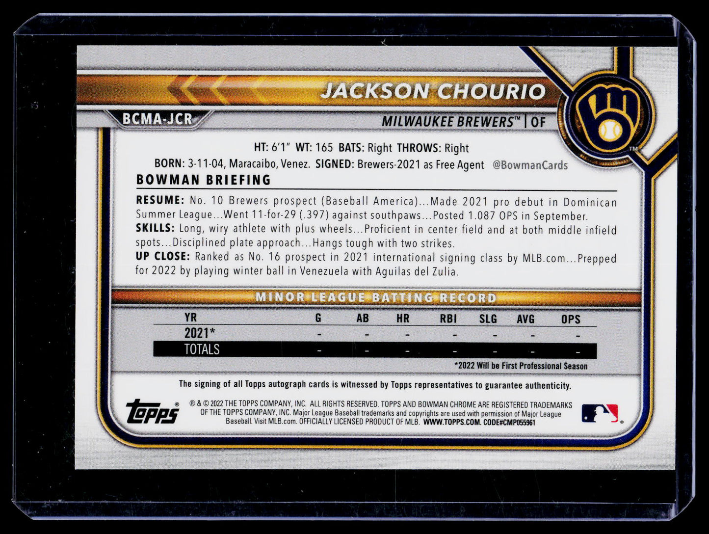 2022 Bowman Chrome Mega Box Chrome Mojo Jackson Chourio #BCMA-JCR Auto