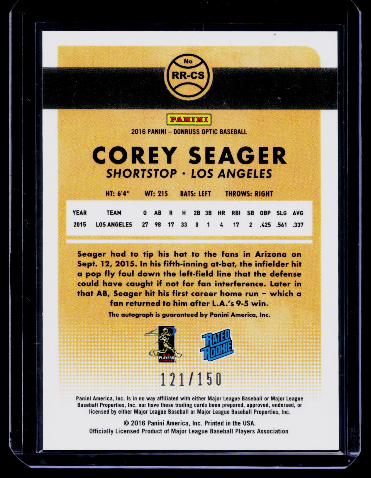 COREY SEAGER #/150 2016 DONRUSS OPTIC RATED ROOKIE HOLO ON CARD AUTO RC DODGERS