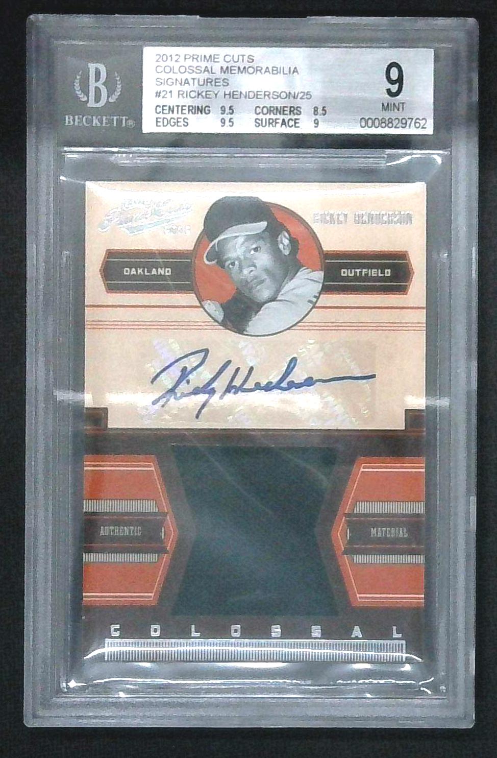 2012 Prime Cuts Colossal Mem Signatures Rickey Henderson Relic Auto /25 BGS 9