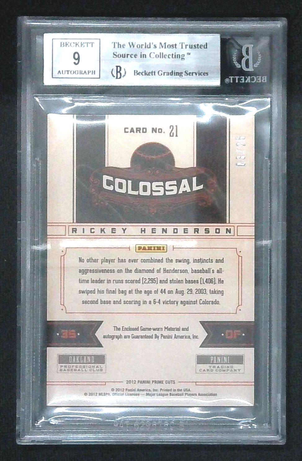 2012 Prime Cuts Colossal Mem Signatures Rickey Henderson Relic Auto /25 BGS 9