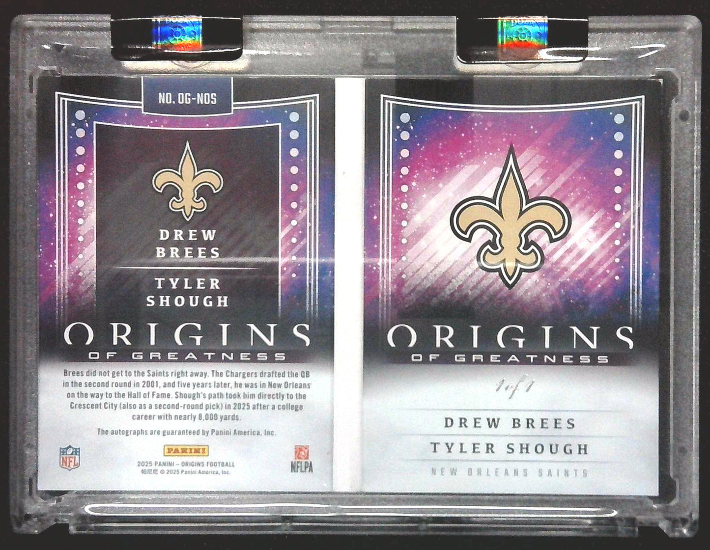 2025 Panini Origins Drew Brees Tyler Shough RC Dual Auto Booklet 1/1