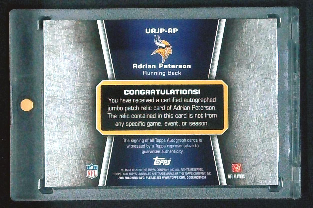 2010 Topps Unrivaled Adrian Peterson Patch Relic Auto /15