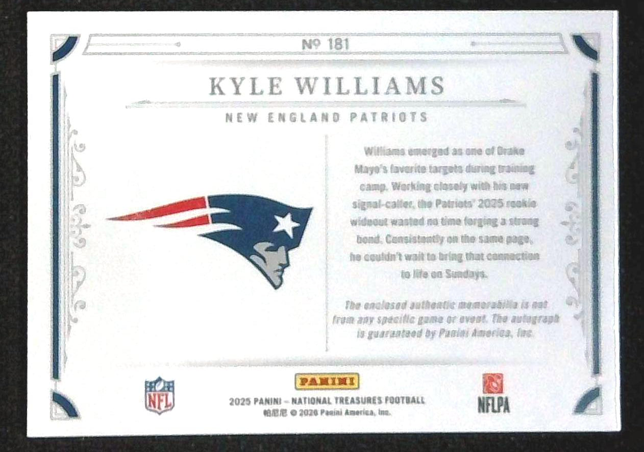 KYLE WILLIAMS 2025 NATIONAL TREASURES RPA ROOKIE PATCH RC AUTO /25