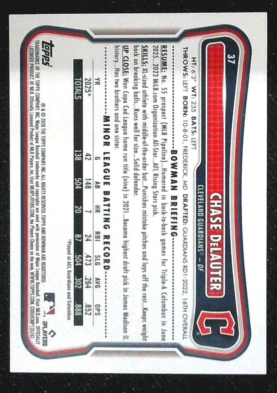 2026 Bowman Chase DeLauter Rookie Purple Pattern /250