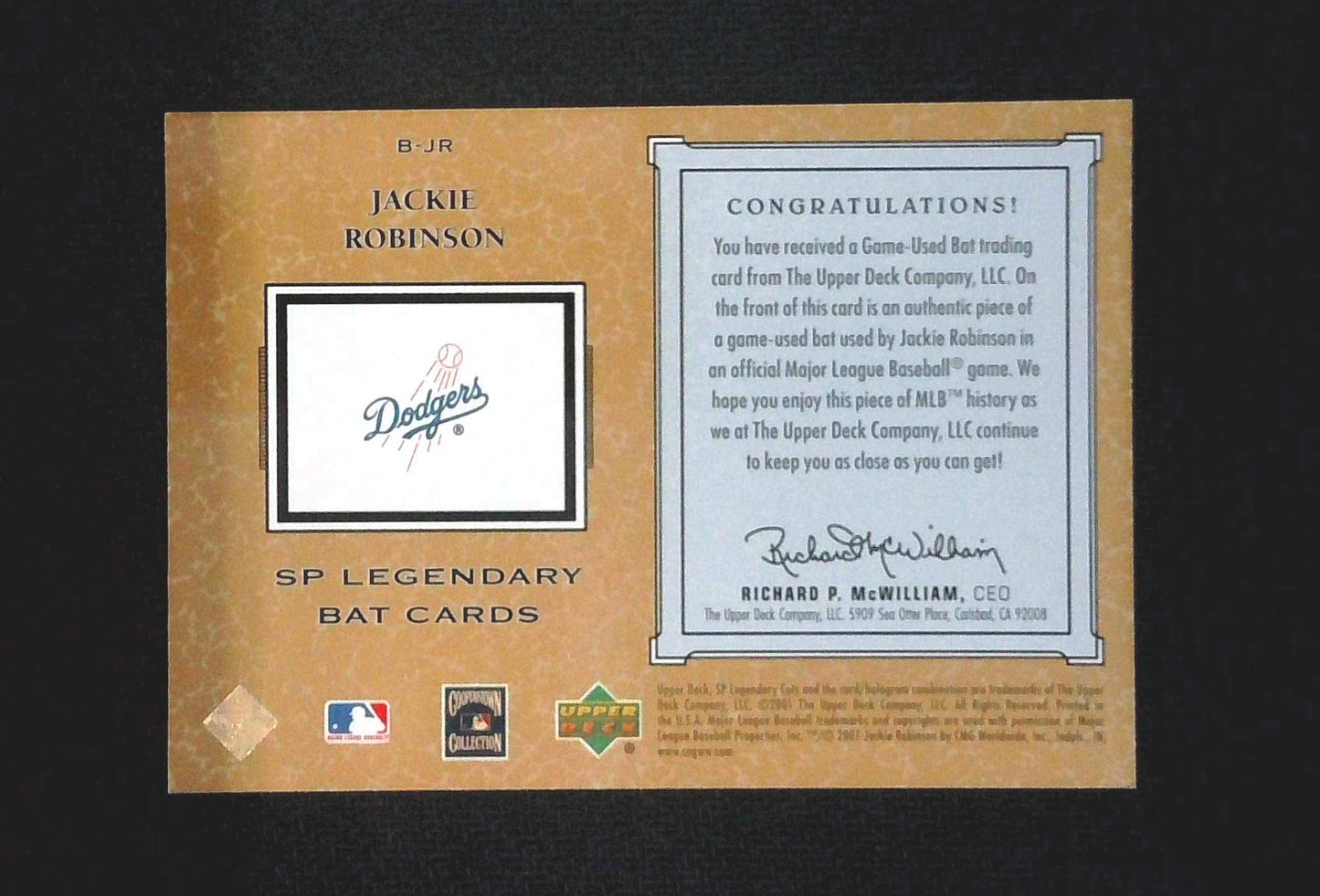 2001 SP Legendary Cuts Jackie Robinson Game Used Bat Relic