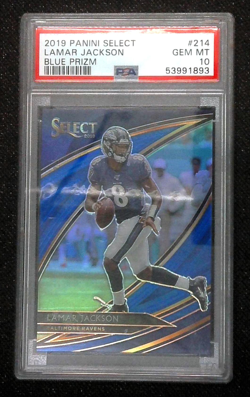 2019 Panini Select Lamar Jackson Blue Field Level Prizm 75/75 PSA 10