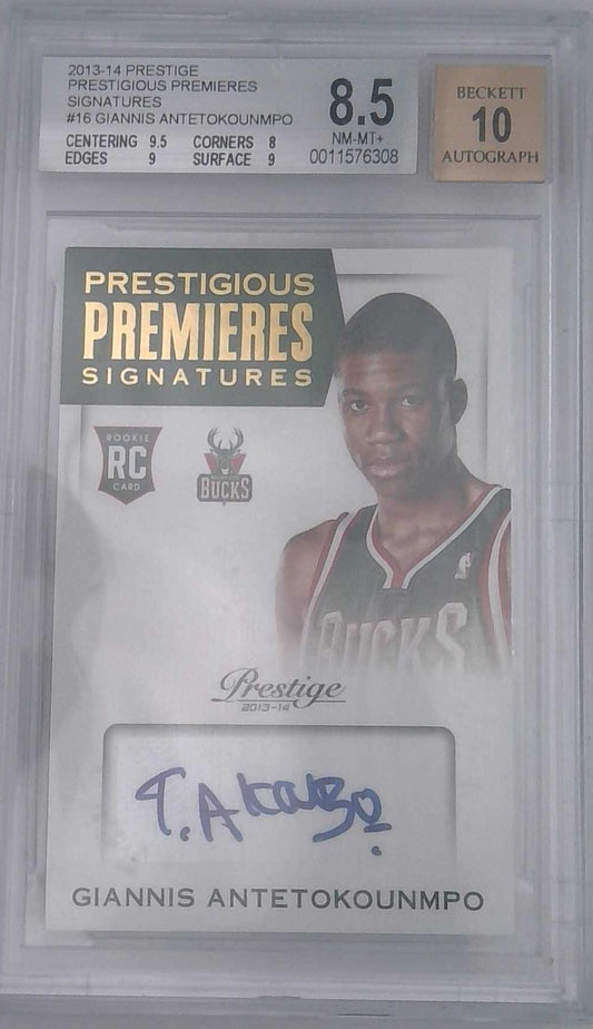 2013-14 Prestige Premieres Signatures Giannis Antetokounmpo Rookie Auto BGS 8.5