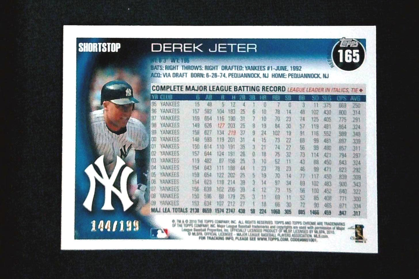 2010 TOPPS CHROME #165 DEREK JETER BLUE REFRACTOR MINT /199