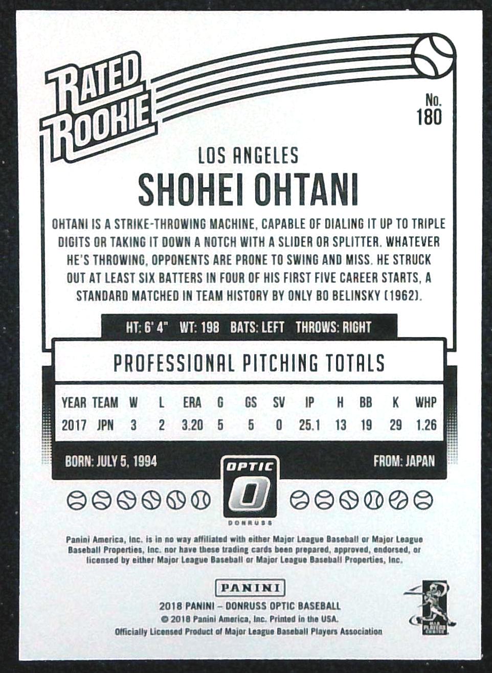 2018 Panini Donruss Optic Shohei Ohtani SP RC Rated #180 Angels Rookie