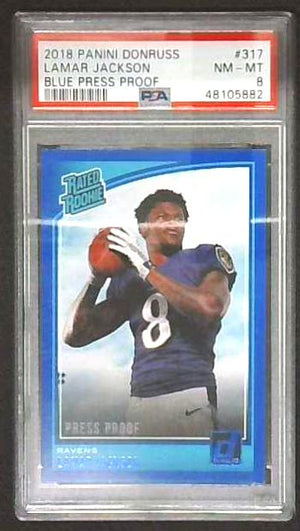 2018 Donruss Lamar Jackson Rated Rookie Blue Press Proof PSA 8