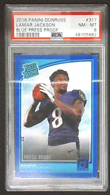 2018 Donruss Lamar Jackson Rated Rookie Blue Press Proof PSA 8