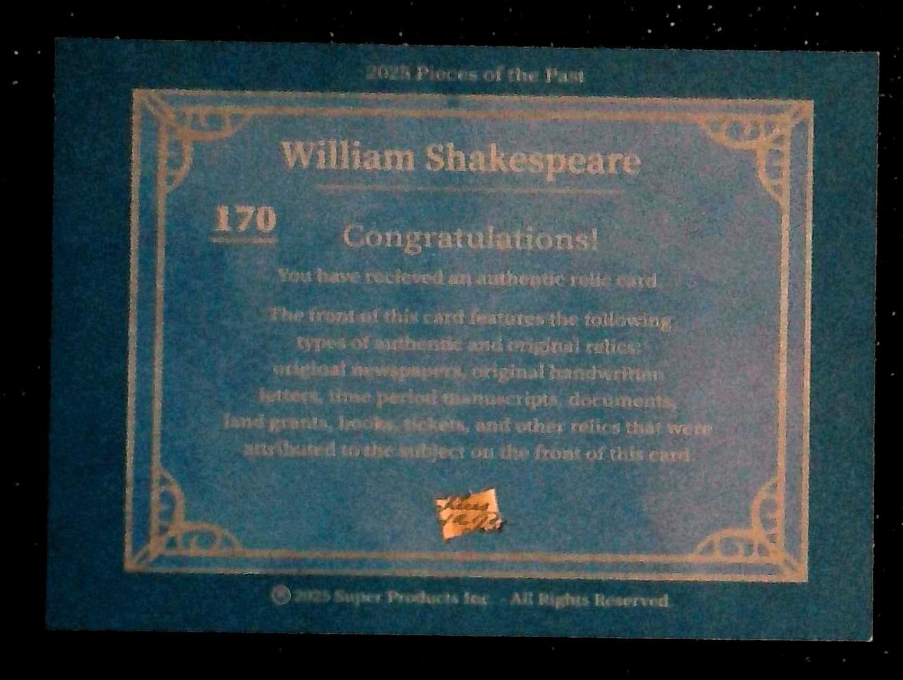 2025 Pieces Of The Past William Shakespeare Hand Written Jumbo Handwritten Relic