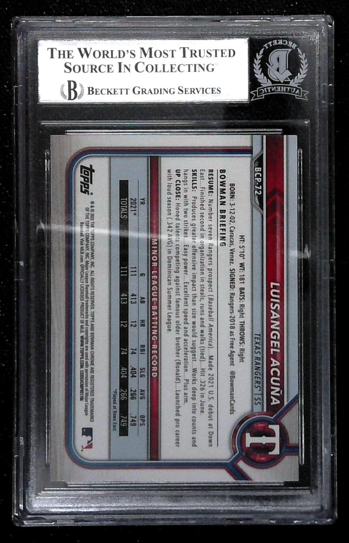 2022 Bowman Chrome Prospects Luisangel Acuna Hand Signed Auto BGS Authentic