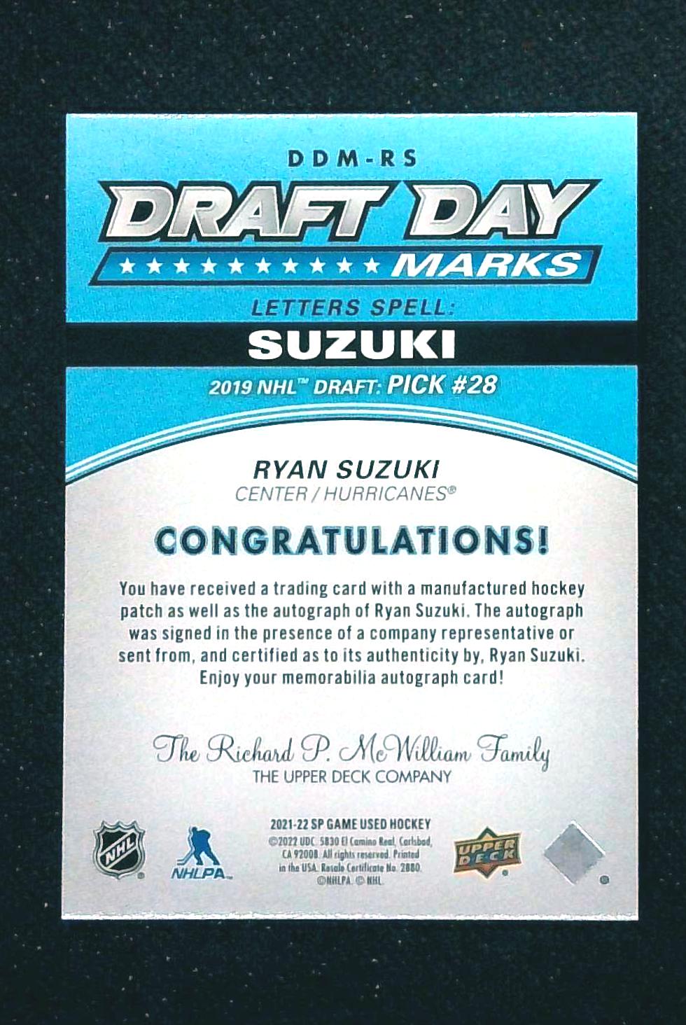 2021-22 SP Game Used Draft Day Marks Ryan Suzuki Auto /35