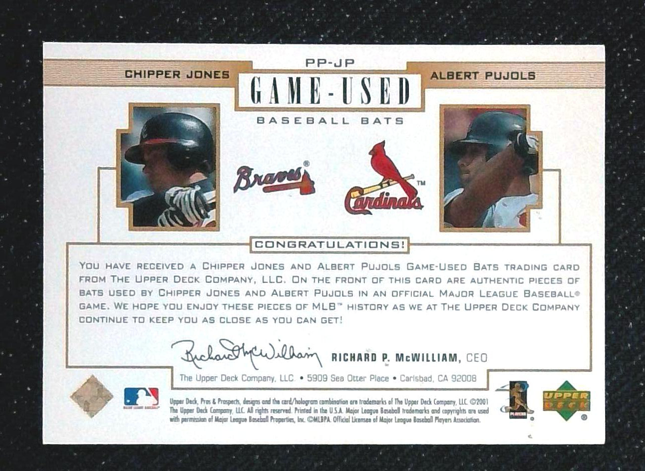 2001 Upper Deck Pros & Prospects Albert Pujols RC Chipper Jones Dual Bat Game Used 5/25