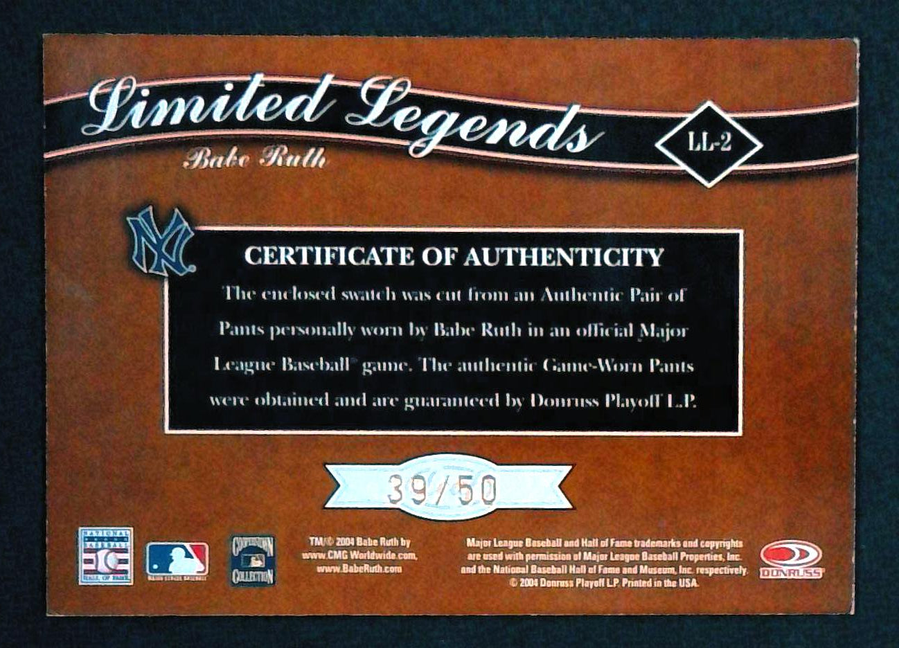 2004 Leaf Limited Legends BABE RUTH Game-Worn Pants Relic #LL-2 /50 Yankees HOF