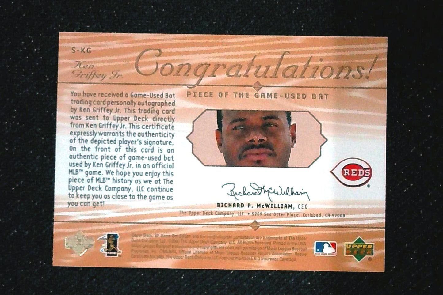 2000 Upper Deck SP Piece Of The Game Ken Griffey Jr. Game Used Bat Blue Auto