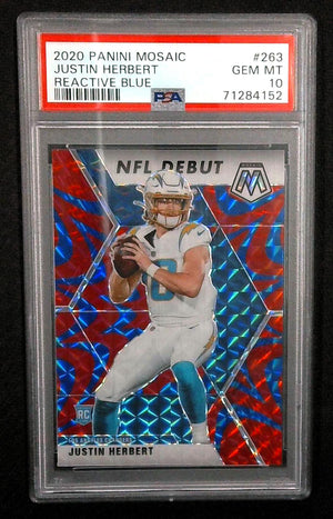 2020 Panini Mosaic - NFL Debut Justin Herbert-Mosaic Reactive Blue Prizm-PSA 10