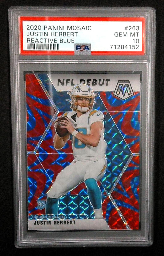 2020 Panini Mosaic - NFL Debut Justin Herbert-Mosaic Reactive Blue Prizm-PSA 10