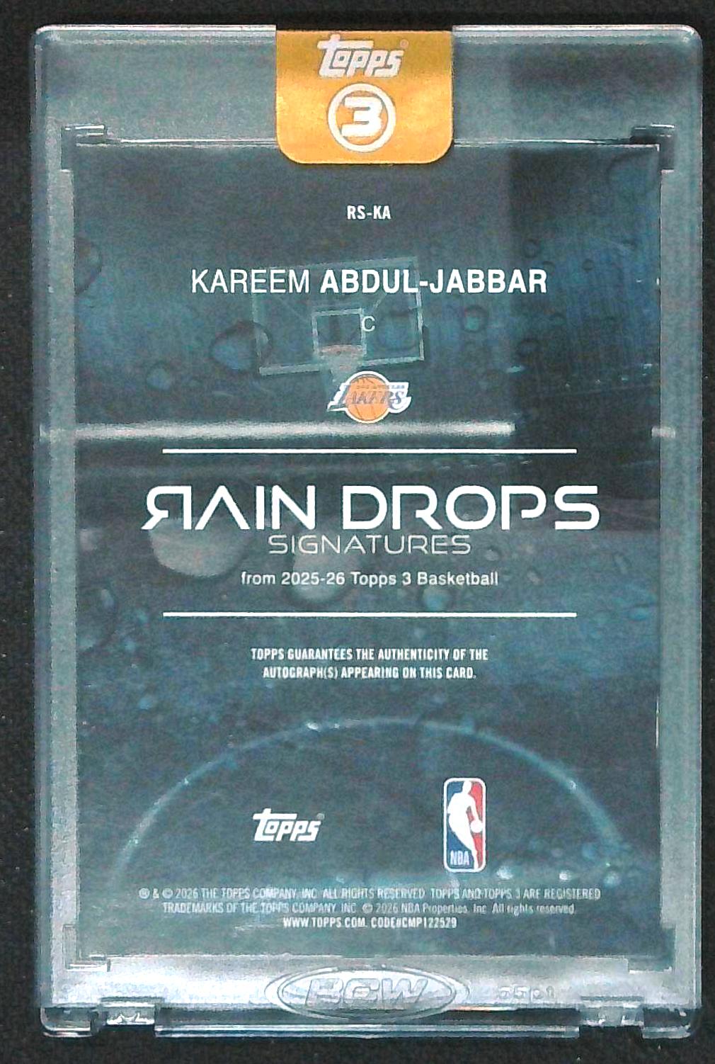 2025-26 Topps Three 3 Kareem Abdul-Jabbar Auto Rain Drops Gold /10